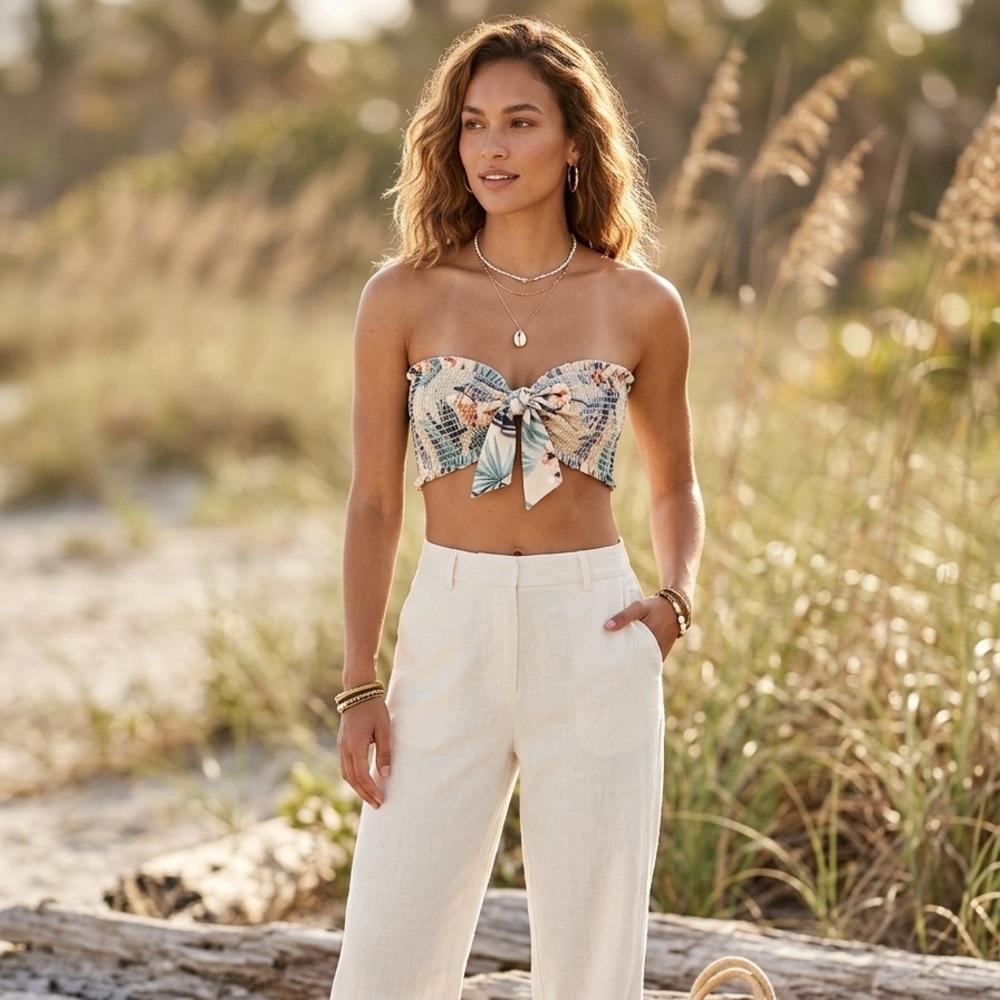 Tie-Front Strapless Crop Top in Tropical Floral Print - Multicolor